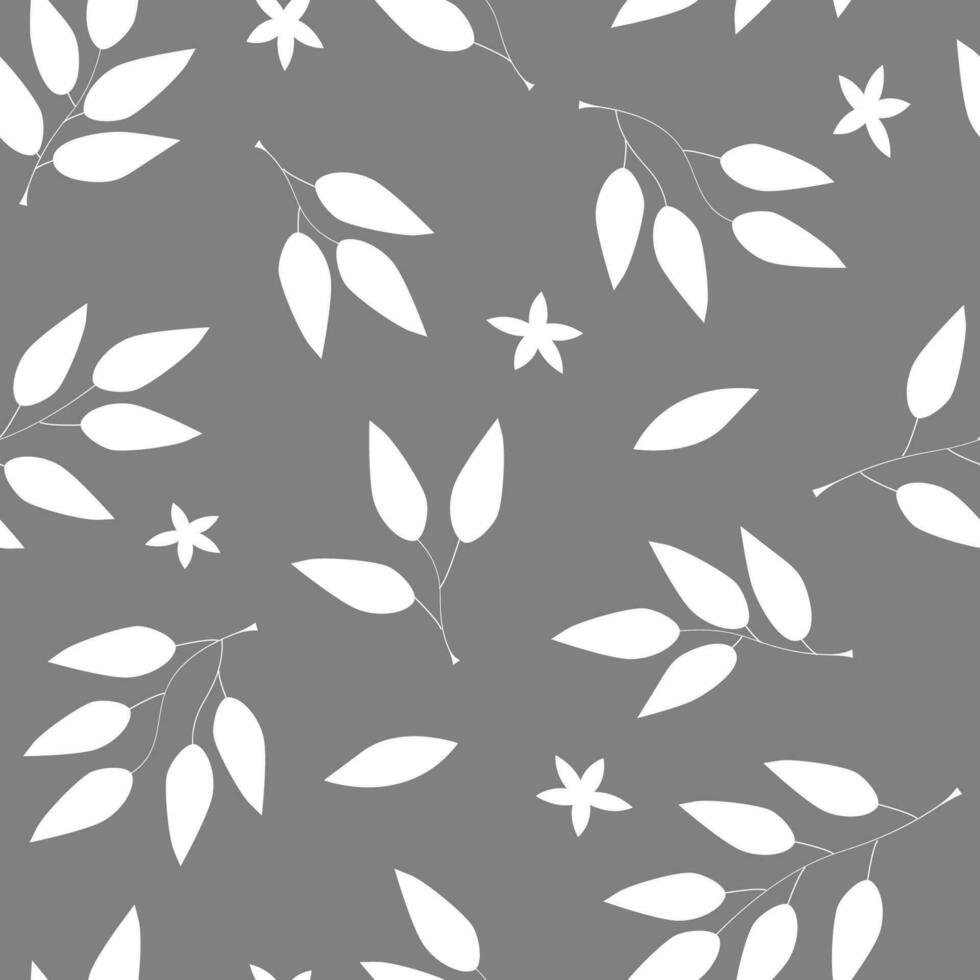 Monochrome seamless pattern with silhouettes of branches and leaves, flowers. Abstract natural simple print. Vector graphics.