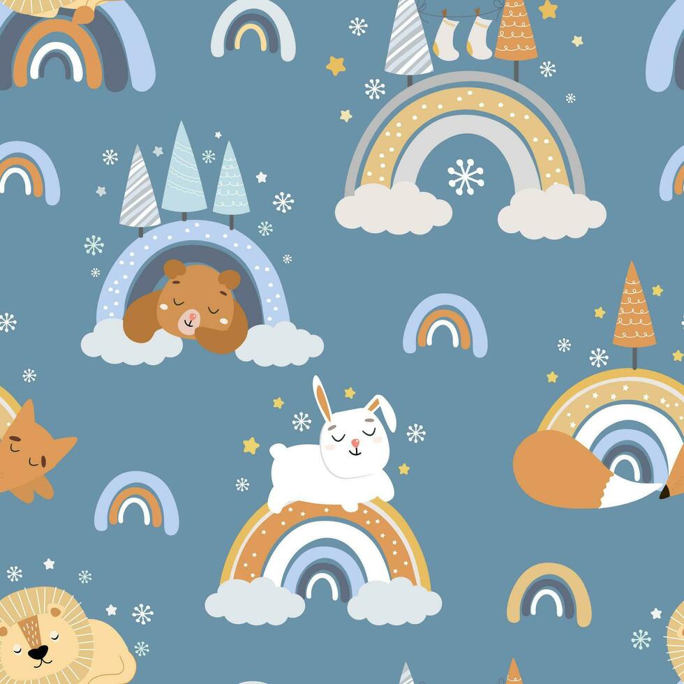 Seamless pattern with bear cubs sleeping on a rainbow, snowdrift, den. Winter forest in abstract baby print. Vector graphics.