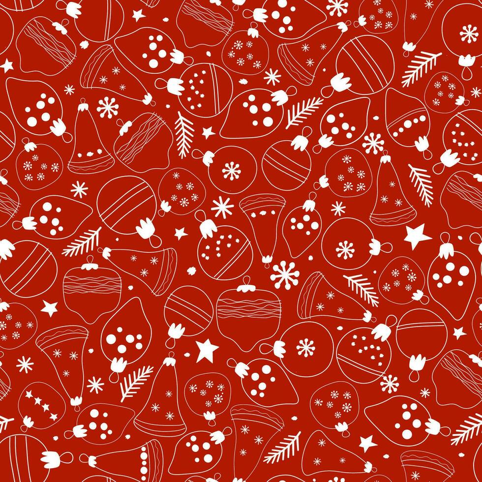 Seamless pattern with linear silhouettes of balls and Christmas tree toys. Festive New Year print for packaging, textiles. Vector abstract graphics.