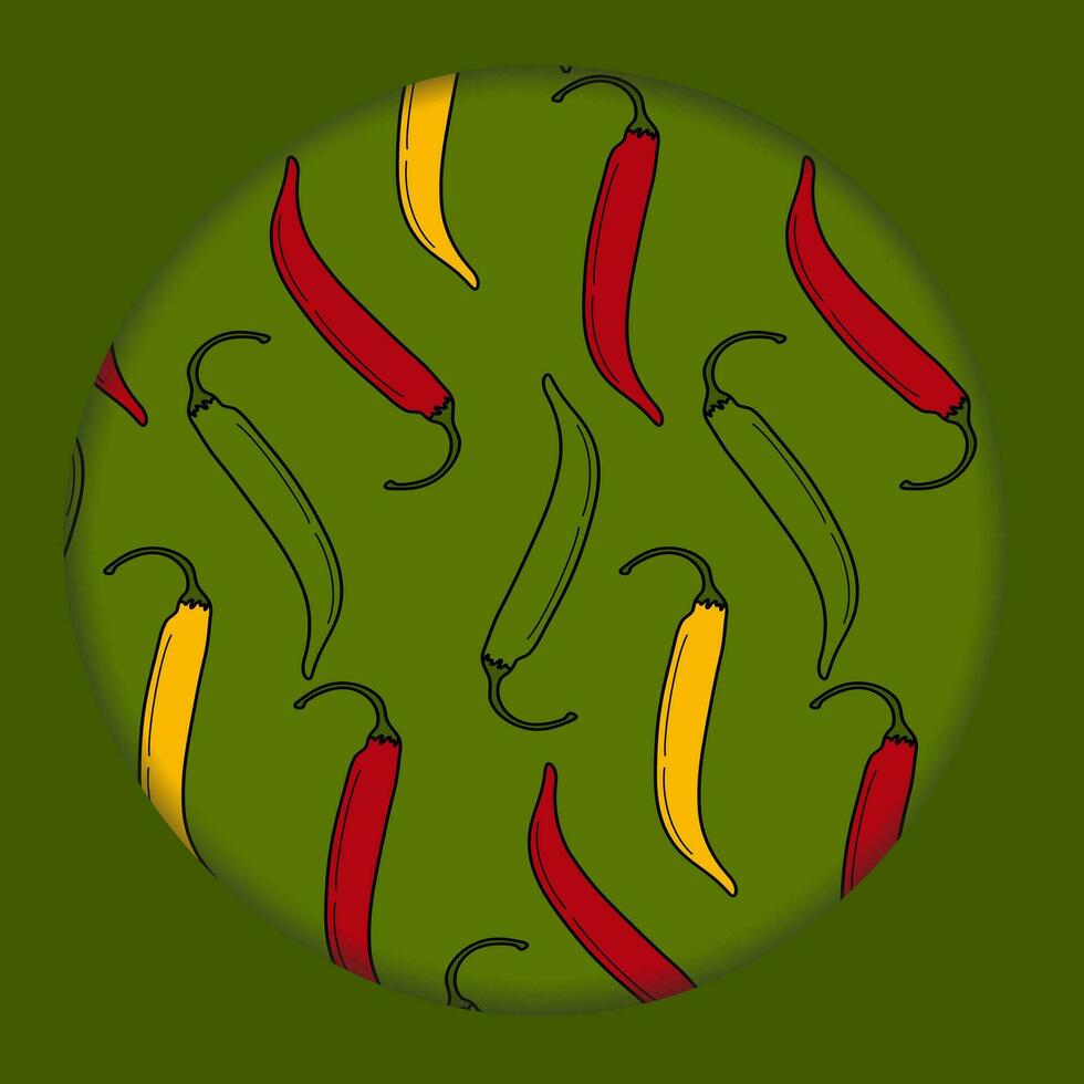 Seamless pattern of hot chili pepper on circle paper cut background. Traditional Mexican condiment vector