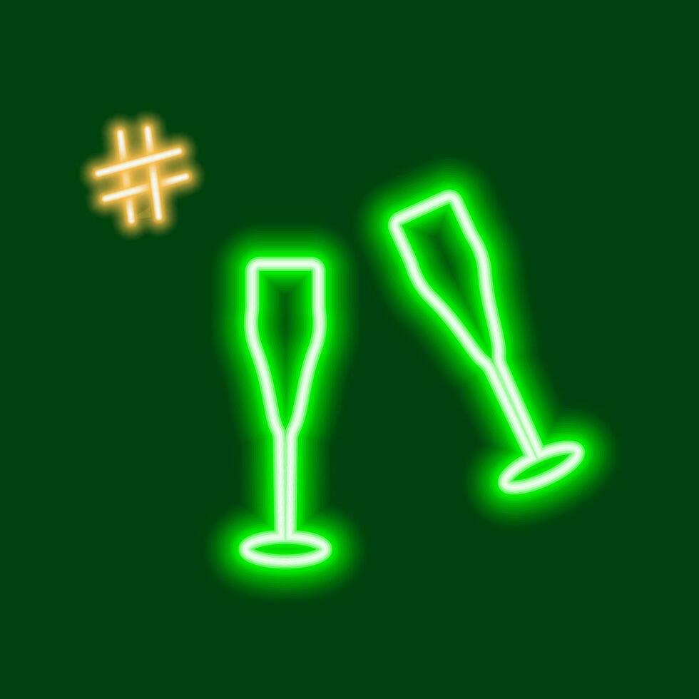 Neon image of 2 glasses with hashtag. Design concept for icon, logo or search, celebrations or sign vector