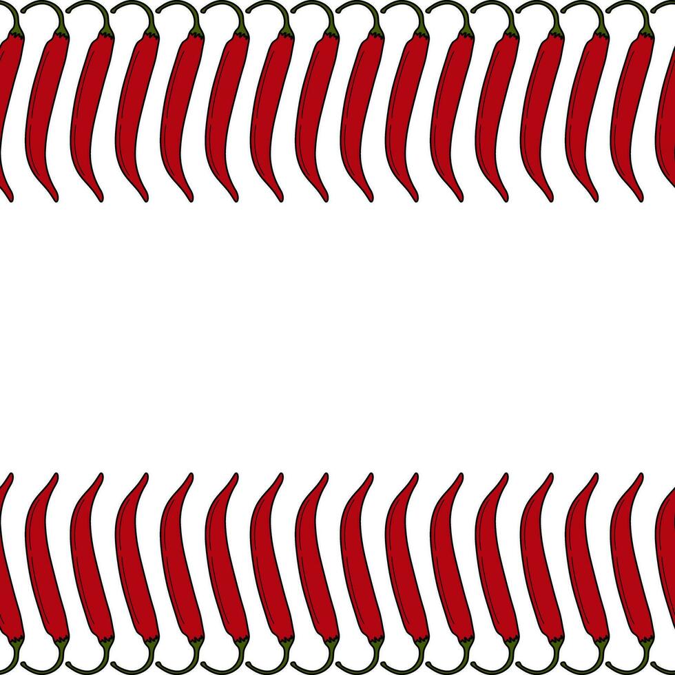 Rectangular double sided frame of garland red hot chili peppers in trendy bright shade. Copy space vector