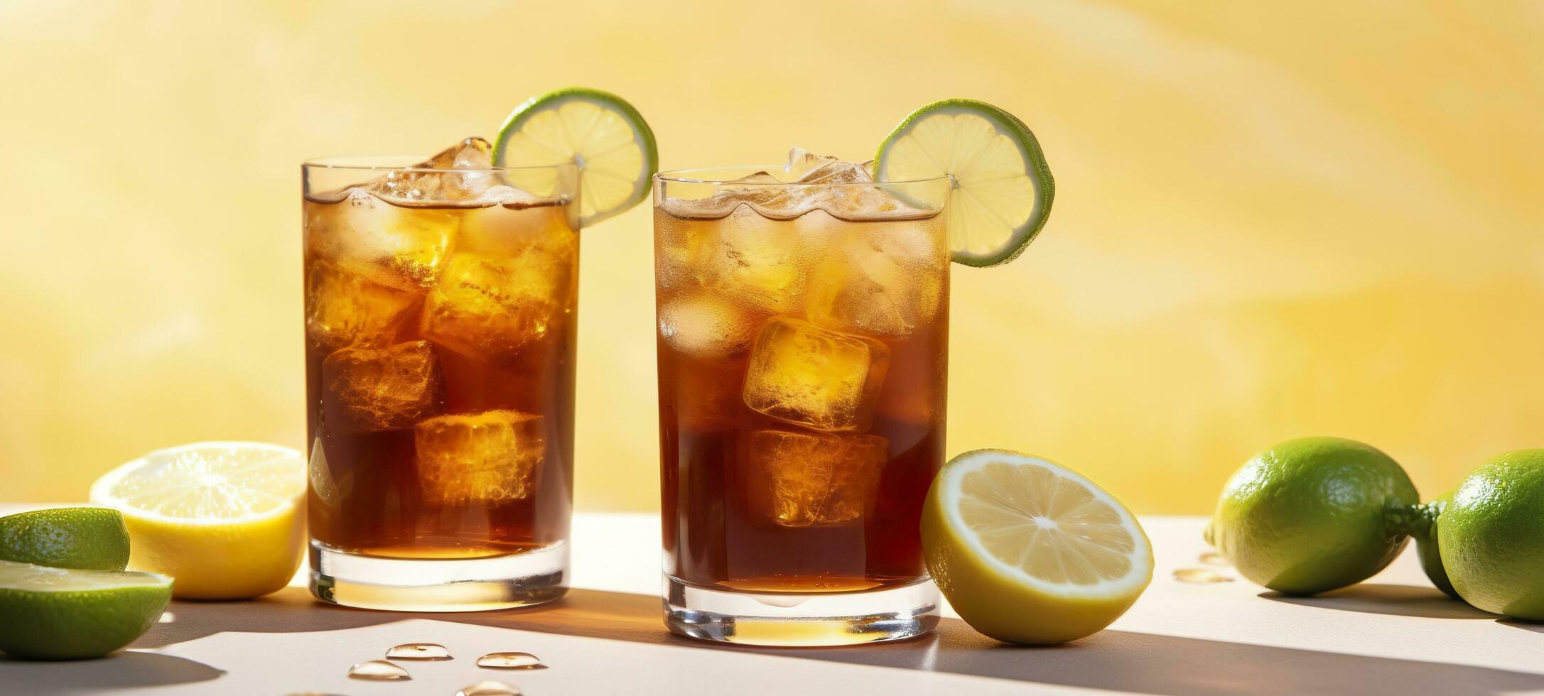 Glasses of tasty Long Island iced tea on light background. AI Generative photo