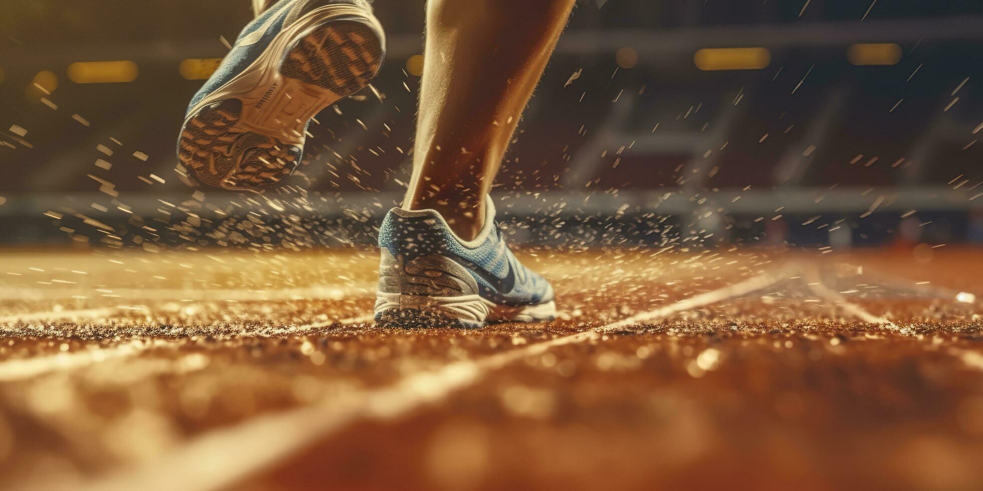 Runner feet running on a stadium, closeup on feet, sports background, space for copy, AI Generative photo