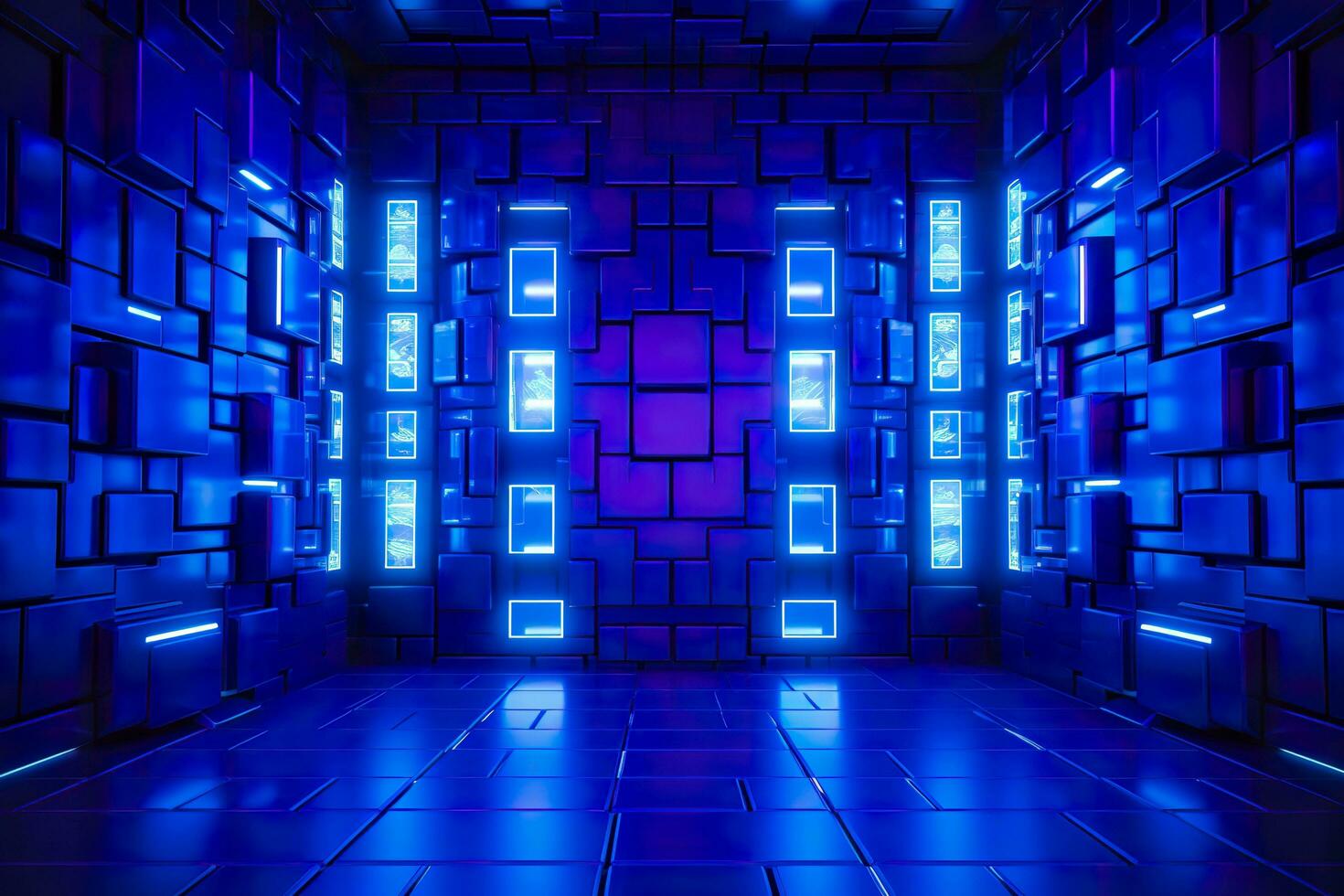 blue and purple lighted panels on a wall. generative AI photo
