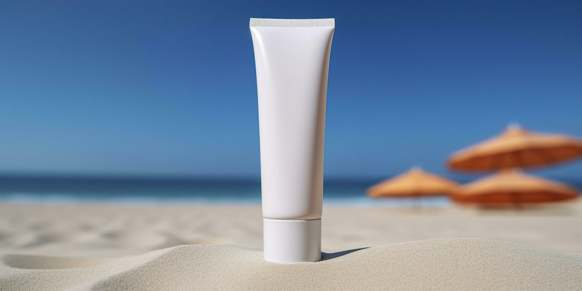 Blank empty white plastic tube. Sunscreen lotion on a sandy beach, summer composition with sunglasses, blue sea as background, copy space. Summer vacation and skin care concept, AI Generative photo