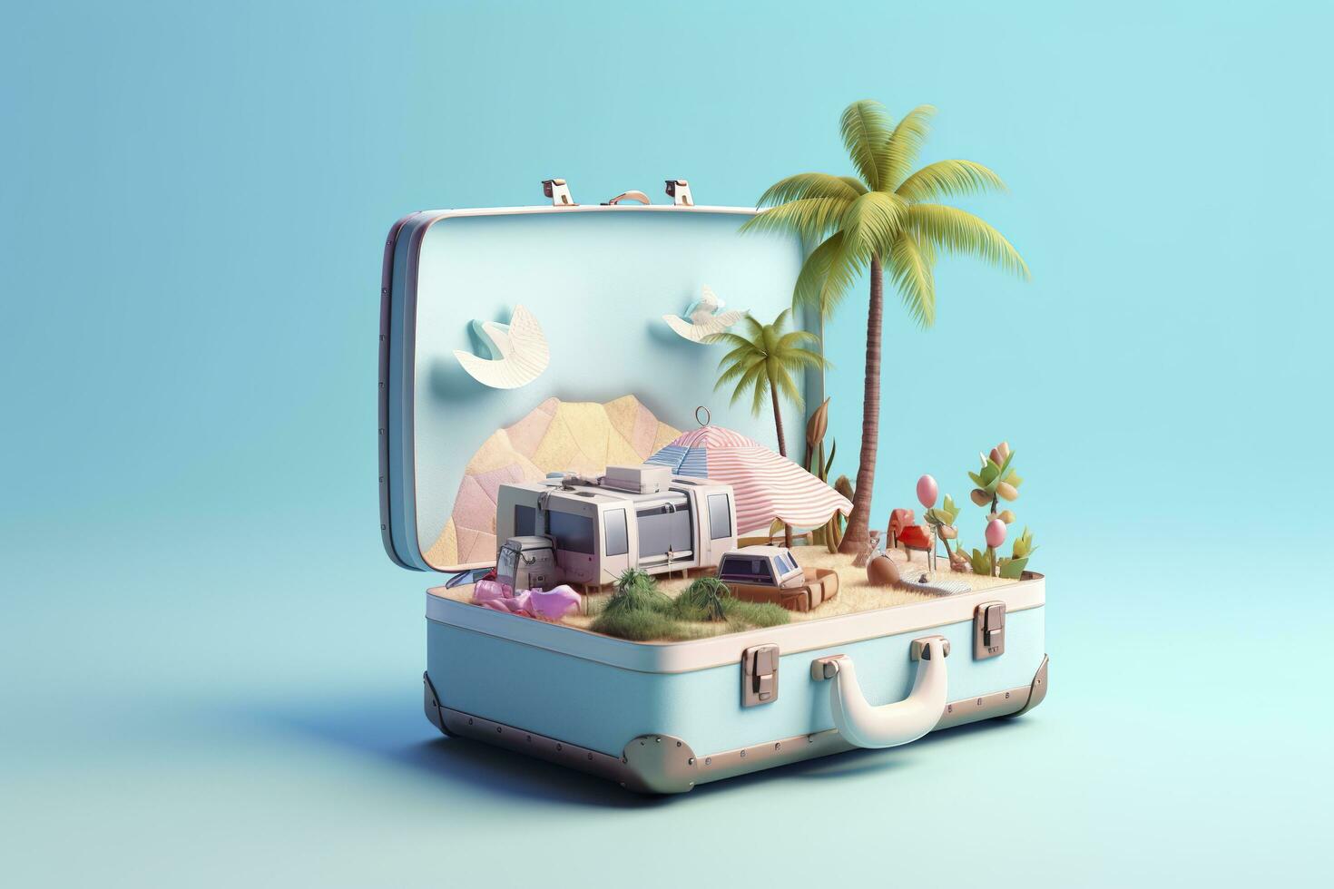 Creative Summer Beach Composition in Suitcase on Blue Background, A Travel Concept Idea in 3D Rendering. AI Generative photo
