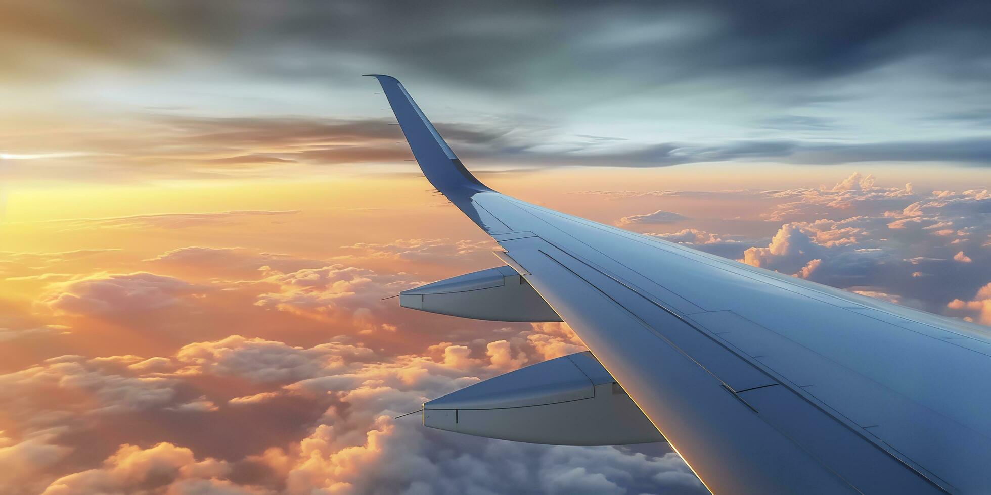 Airplane plane wing at sunset time through clouds, AI Generative photo
