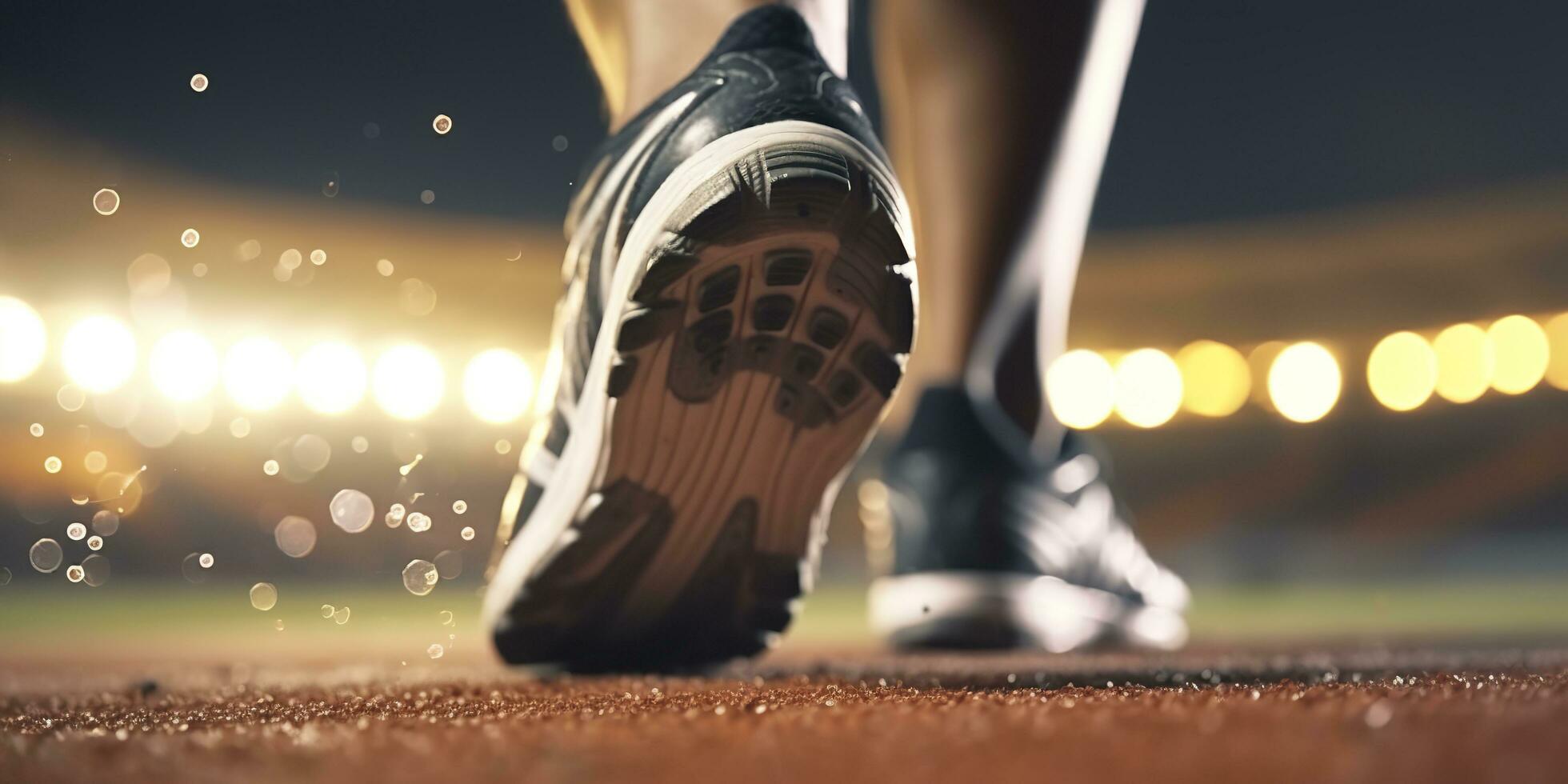 Runner feet running on a stadium, closeup on feet, sports background, space for copy, AI Generative photo