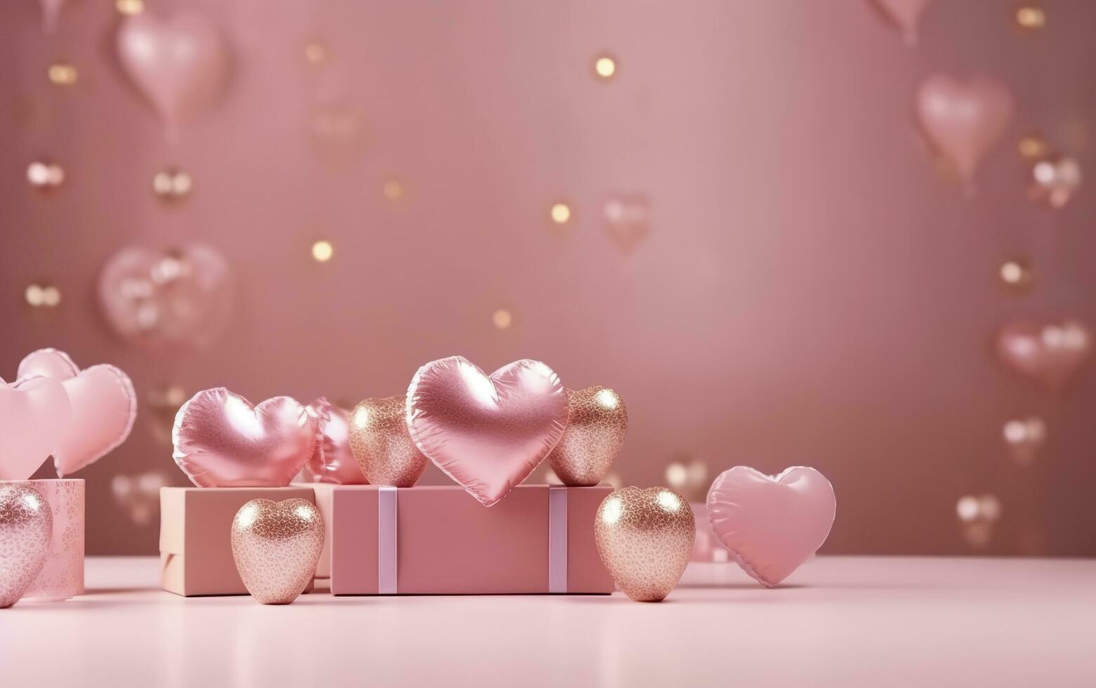 Happy Valentines Day banner. Pink and gold hearts foil balloons with gifts on pink bokeh. Valentine's Day background. Romantic banner Background, empty space for text,  AI Generative photo