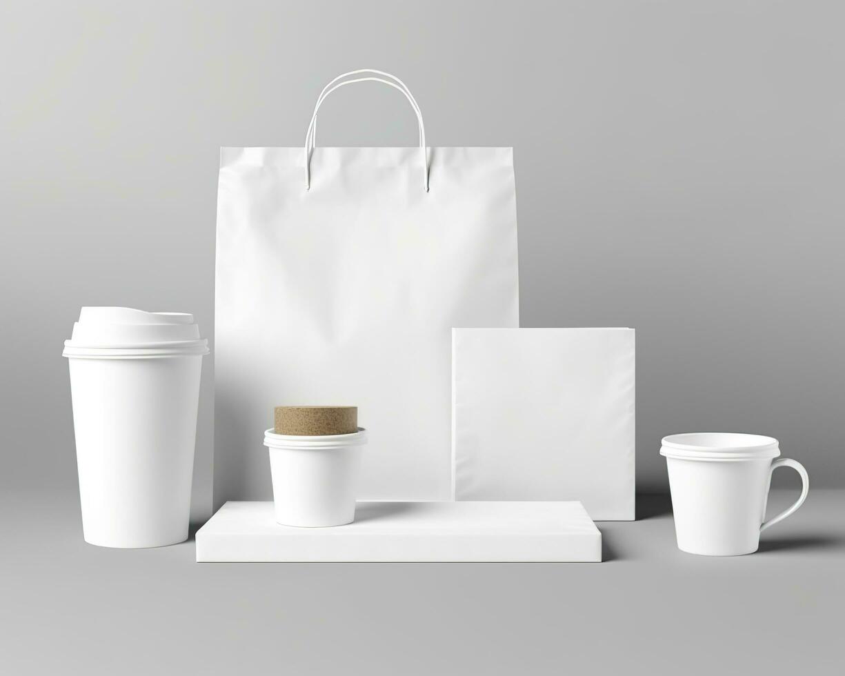 Blank bag, coffee mug, and cup on a light background. Generative AI photo