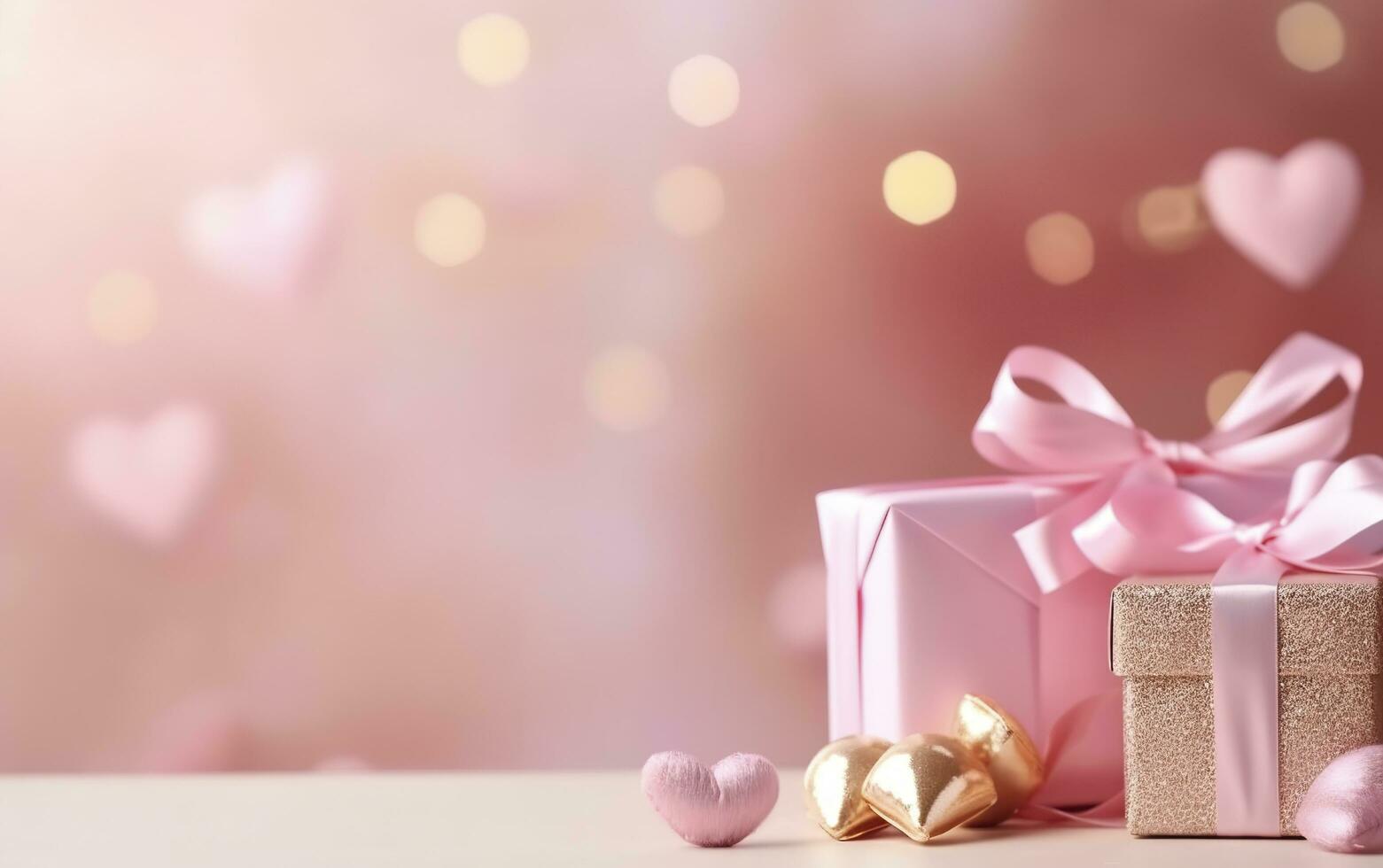 Happy Valentines Day banner. Pink and gold hearts foil balloons with gifts on pink bokeh. Valentine's Day background. Romantic banner Background, empty space for text,  AI Generative photo