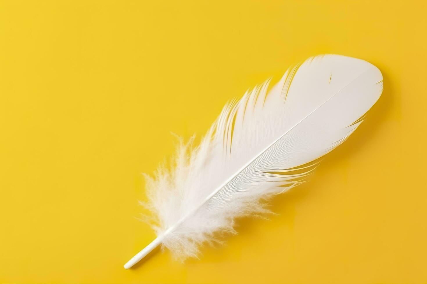 Close up of bright white feather. Copy space, yellow background. Fashion and Party concept. AI Generative photo