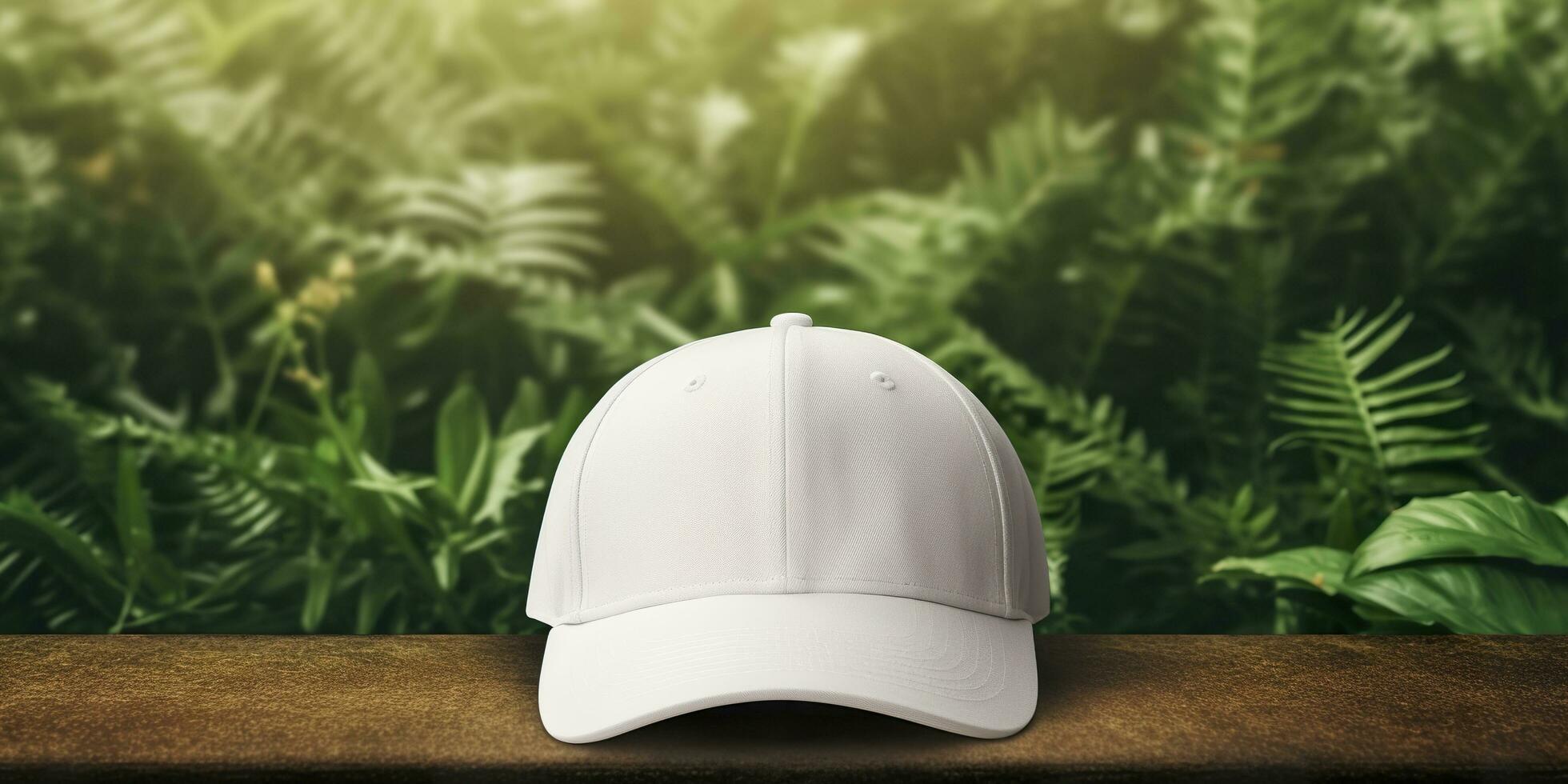 White Cap mockup on a natural background. Generative AI photo