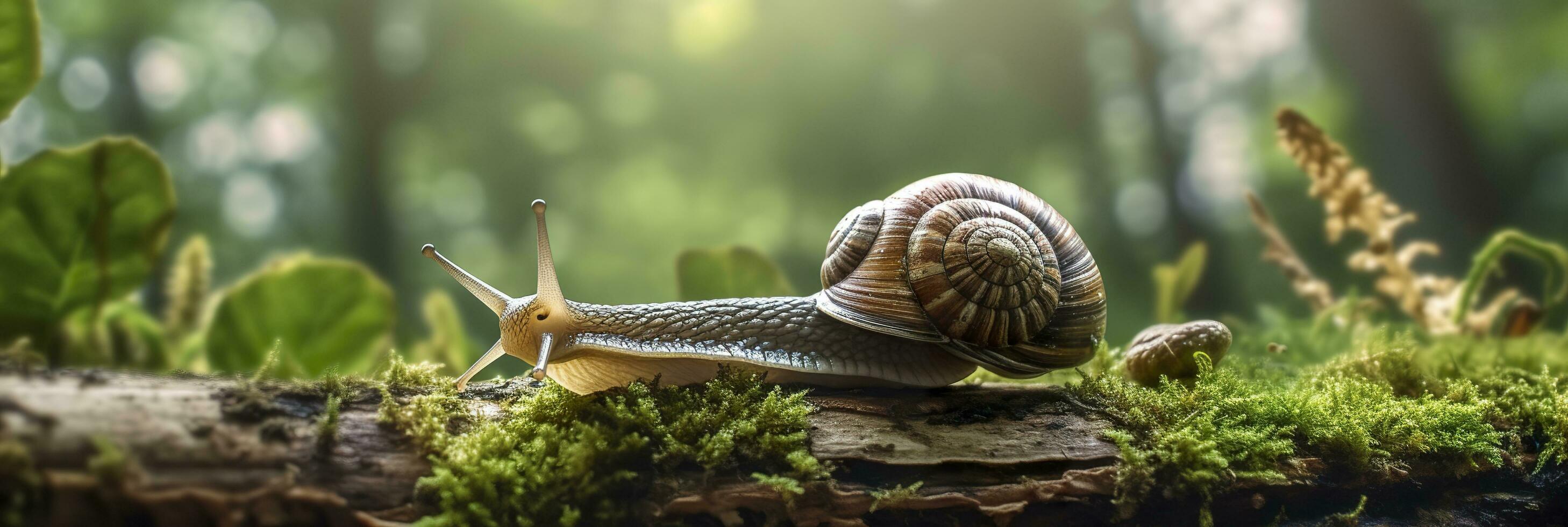 un viaje mediante el bosque. de cerca de un caracol en el bosque con natural antecedentes. ai generativo foto