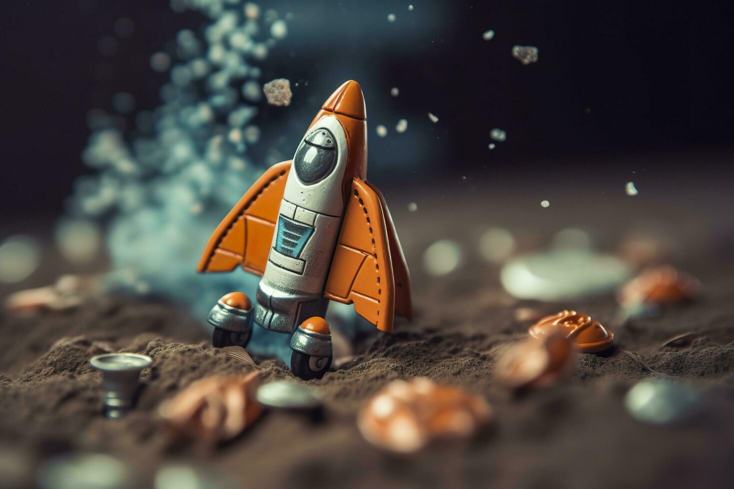 Toy rocket takes off business and finances success concept. AI Generative photo