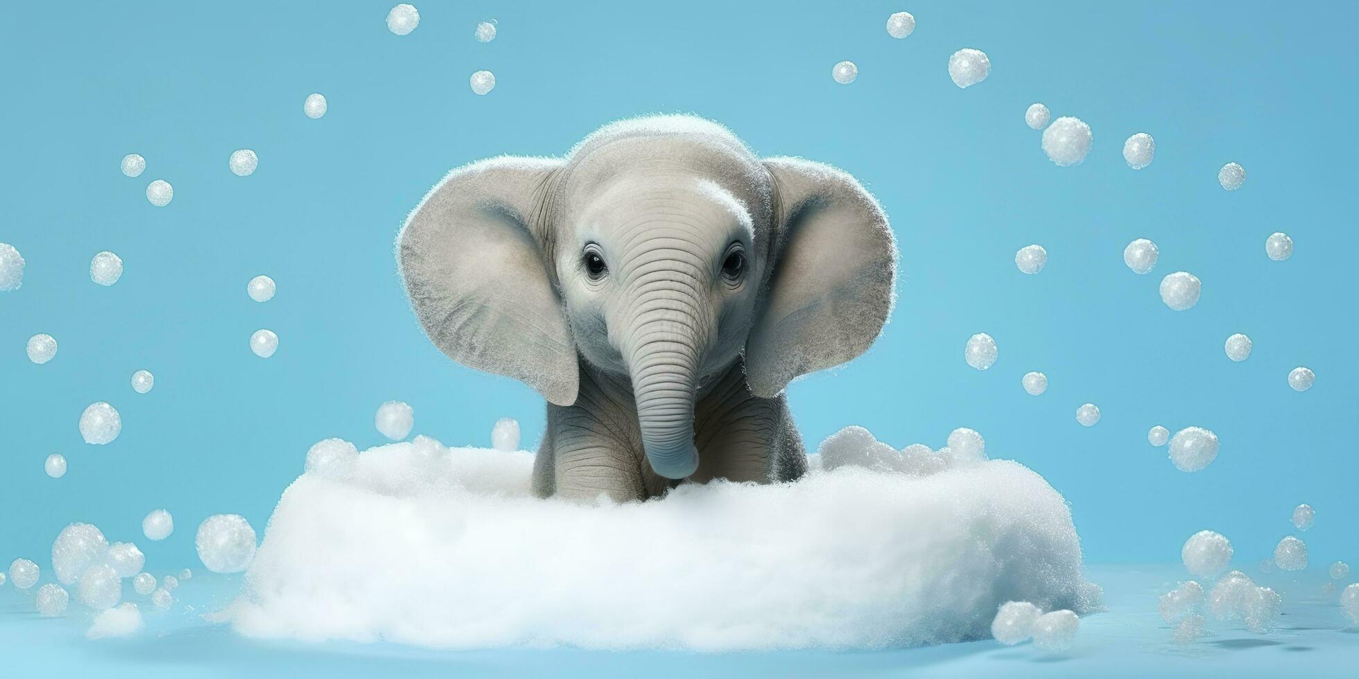 Minimalist Albino Elephant in a Bathtub of Soap Bubbles Against a Cyan Background. AI Generative photo
