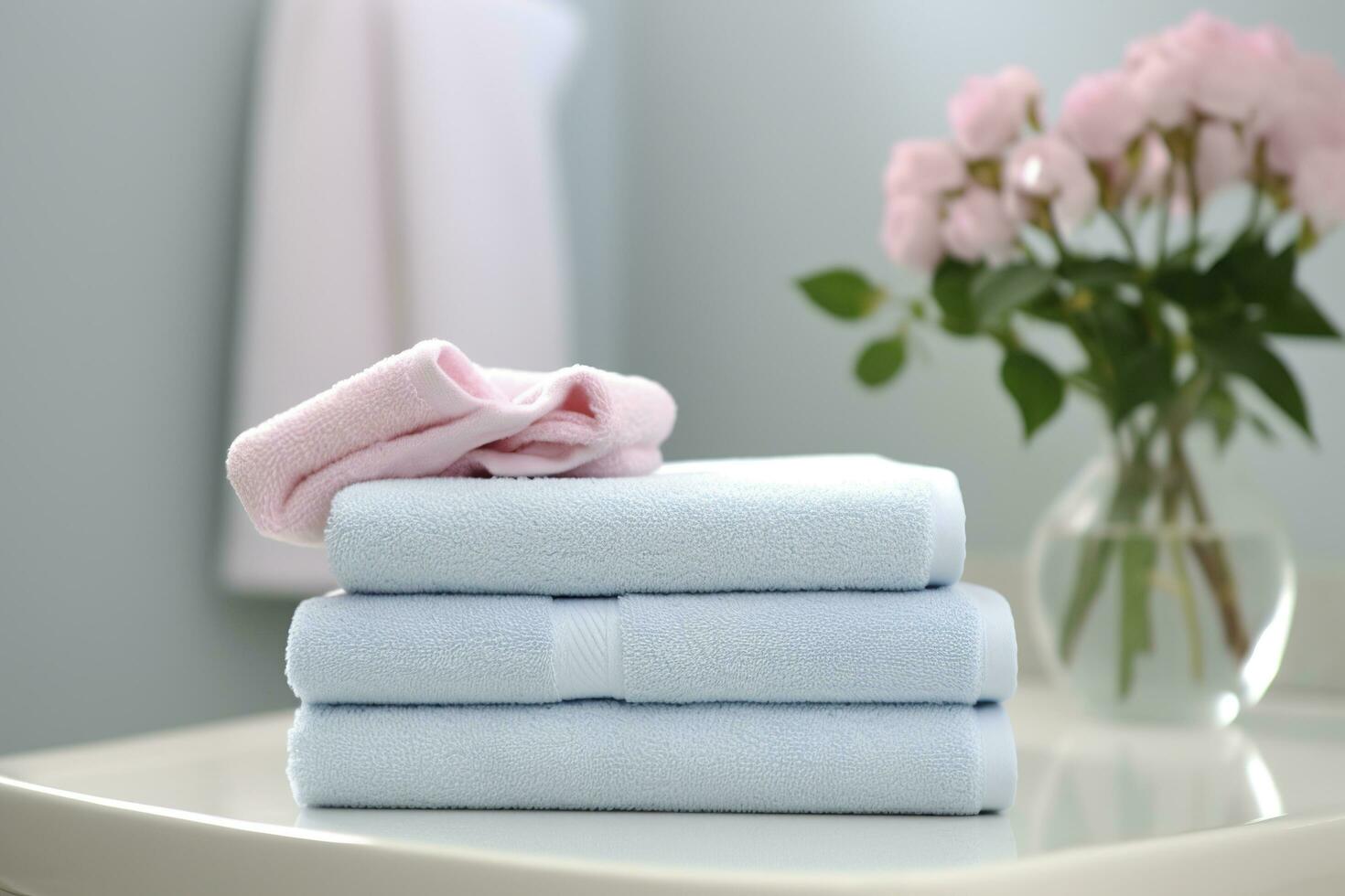 the world's softest towels against a minimalistic background. Stacked white towels sit on top of a soap dish in a bathroom. AI Generative photo