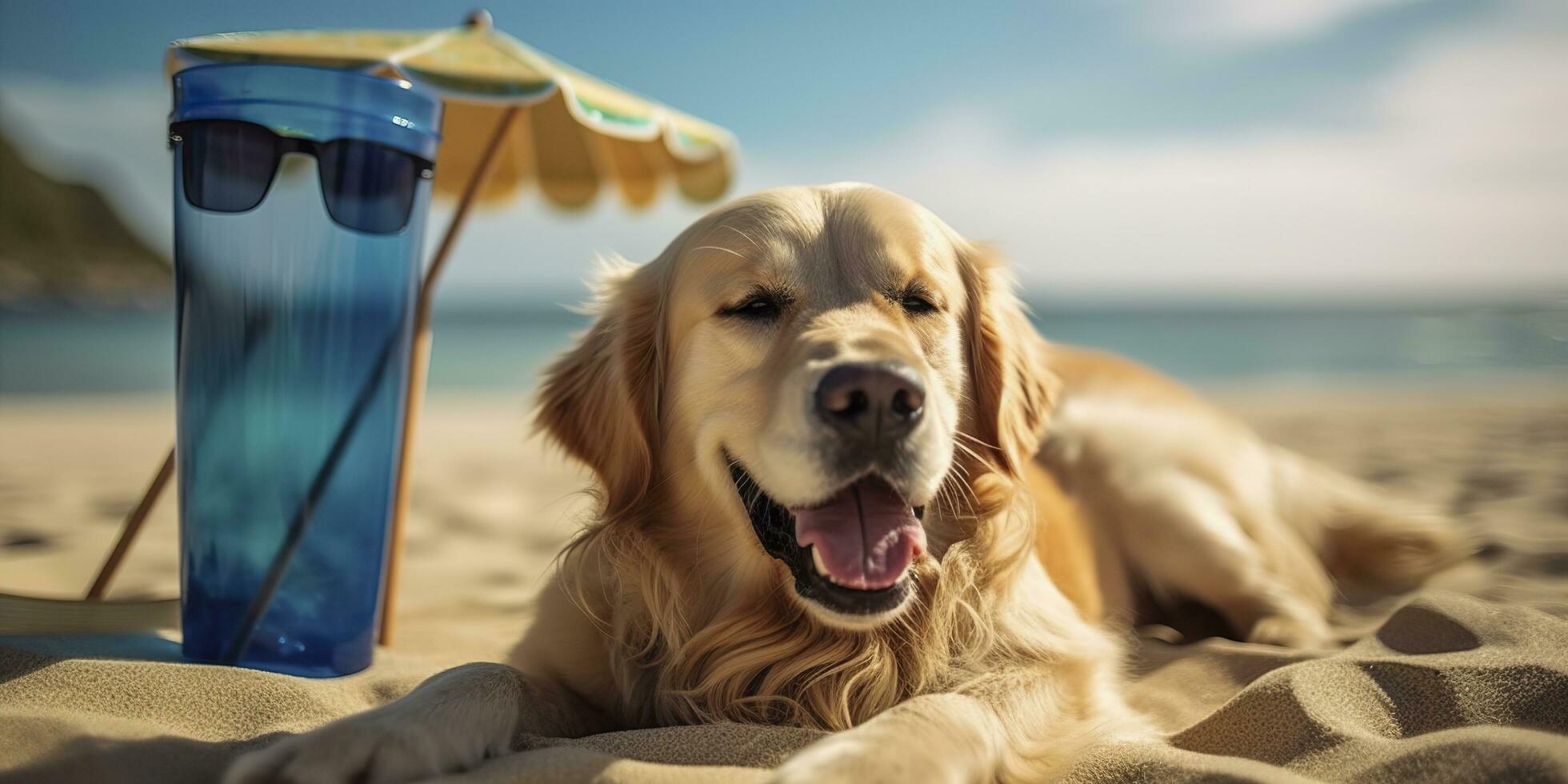 Golden Retriever dog is on summer vacation at seaside resort and relaxing rest on summer beach of Hawaii. AI Generative photo