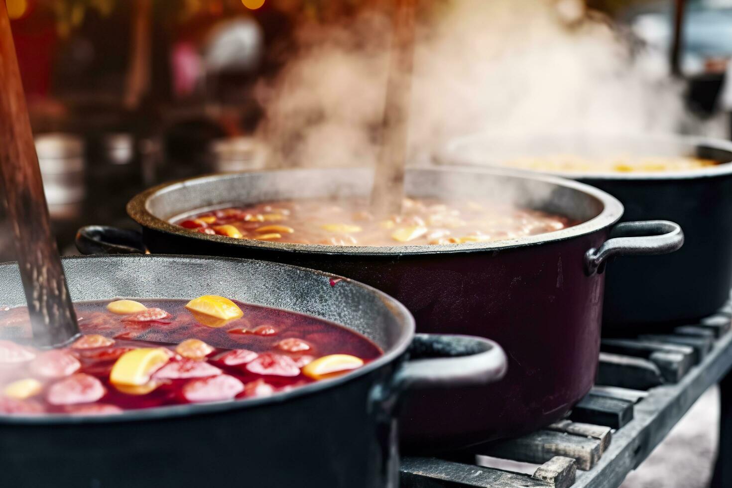 Beverages fruits and berries hot mulled wine in pots with steam in street food market. Generative AI photo