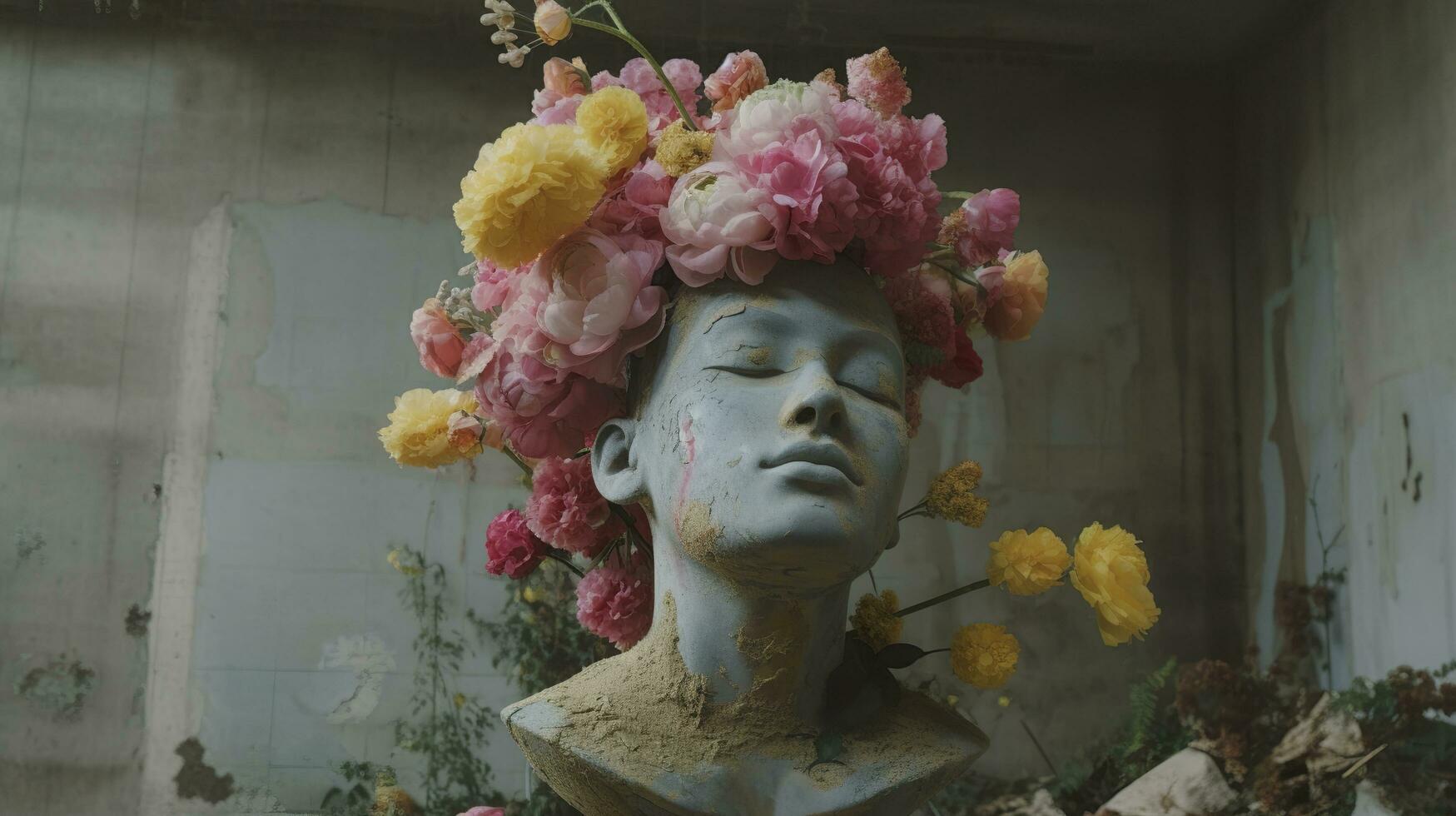 real flores cubrir un escultura en un hormigón edificio, un escultura inspirado, pastel acento colores, cadera salto escultura, ai generativo foto