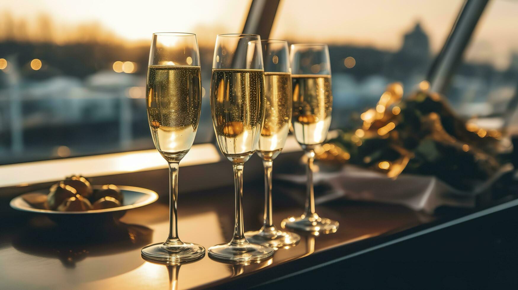 Luxury evening party on a cruising yacht with a champagne setting. Champagne glasses and bottles with champagne with bokeh yacht in the background, nobody. AI Generative photo