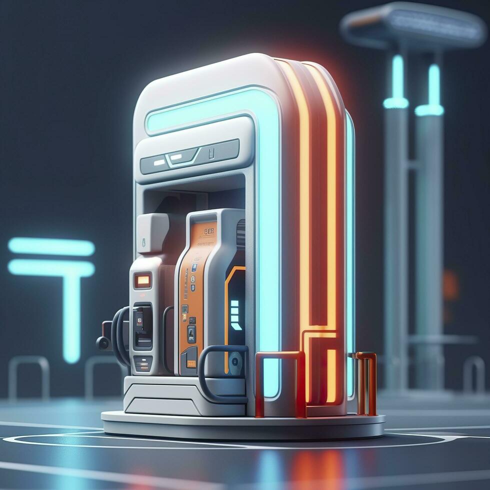 Futuristic Illustration of Cylindrical Car Battery, Electric Battery Station at a Gas Station. AI Generative photo