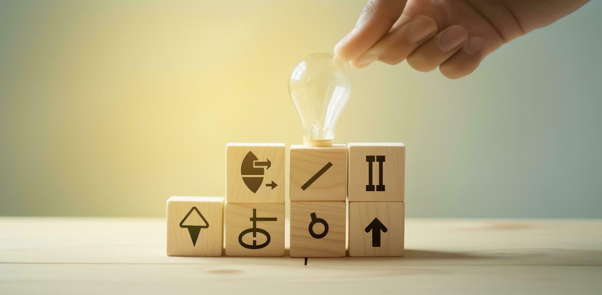 Creative idea, solution and innovation concept. Idea generation for business development. Wooden cube blocks with light bulb and cycle icons on clean background and copy space. AI Generative photo