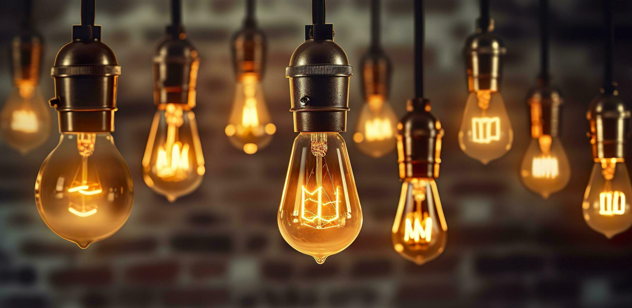 Decorative antique edison style light bulbs against brick wall background. vintage lamp decorative. AI Generative photo