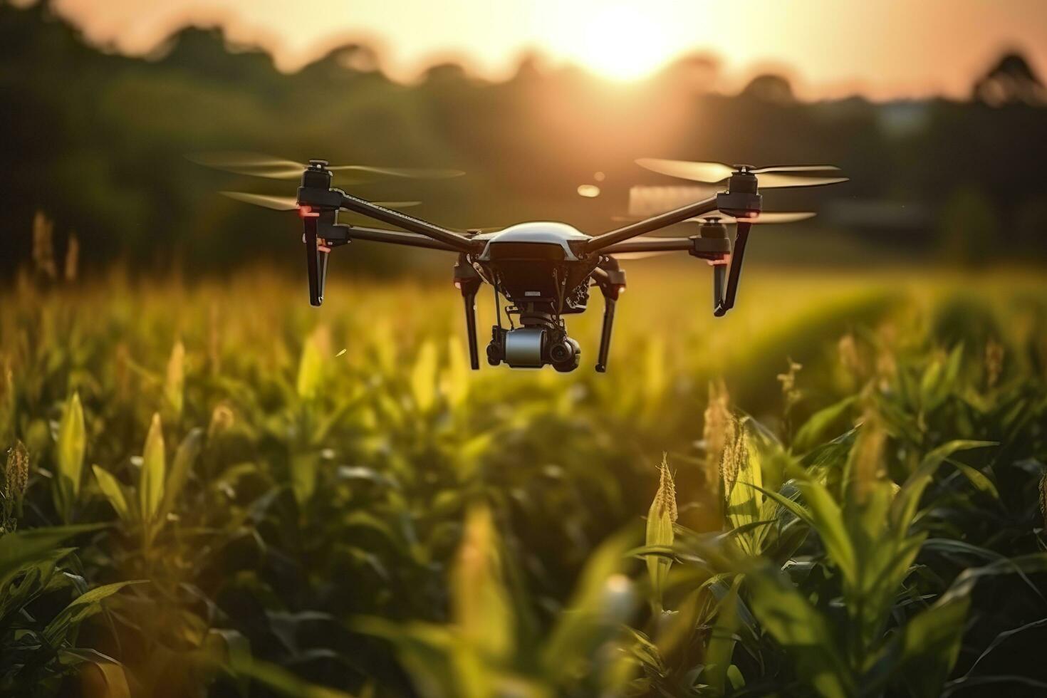 Drone monitoring crops and smart agriculture in a digital farming.  AI Generative photo