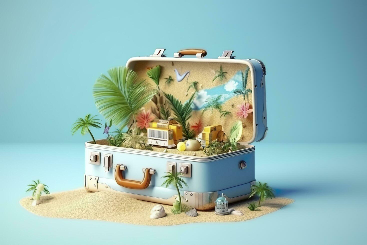 Creative Summer Beach Composition in Suitcase on Blue Background, A Travel Concept Idea in 3D Rendering. AI Generative photo