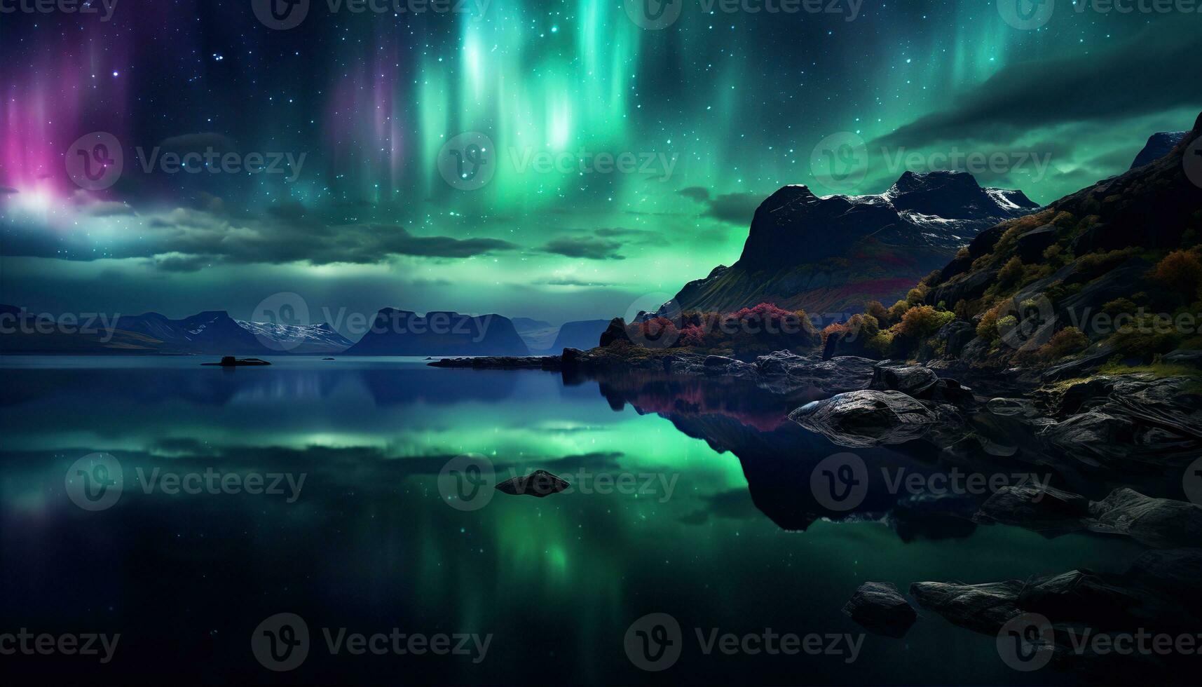 Aurora borealis lake snowy trees mountains. Created with Generative AI photo