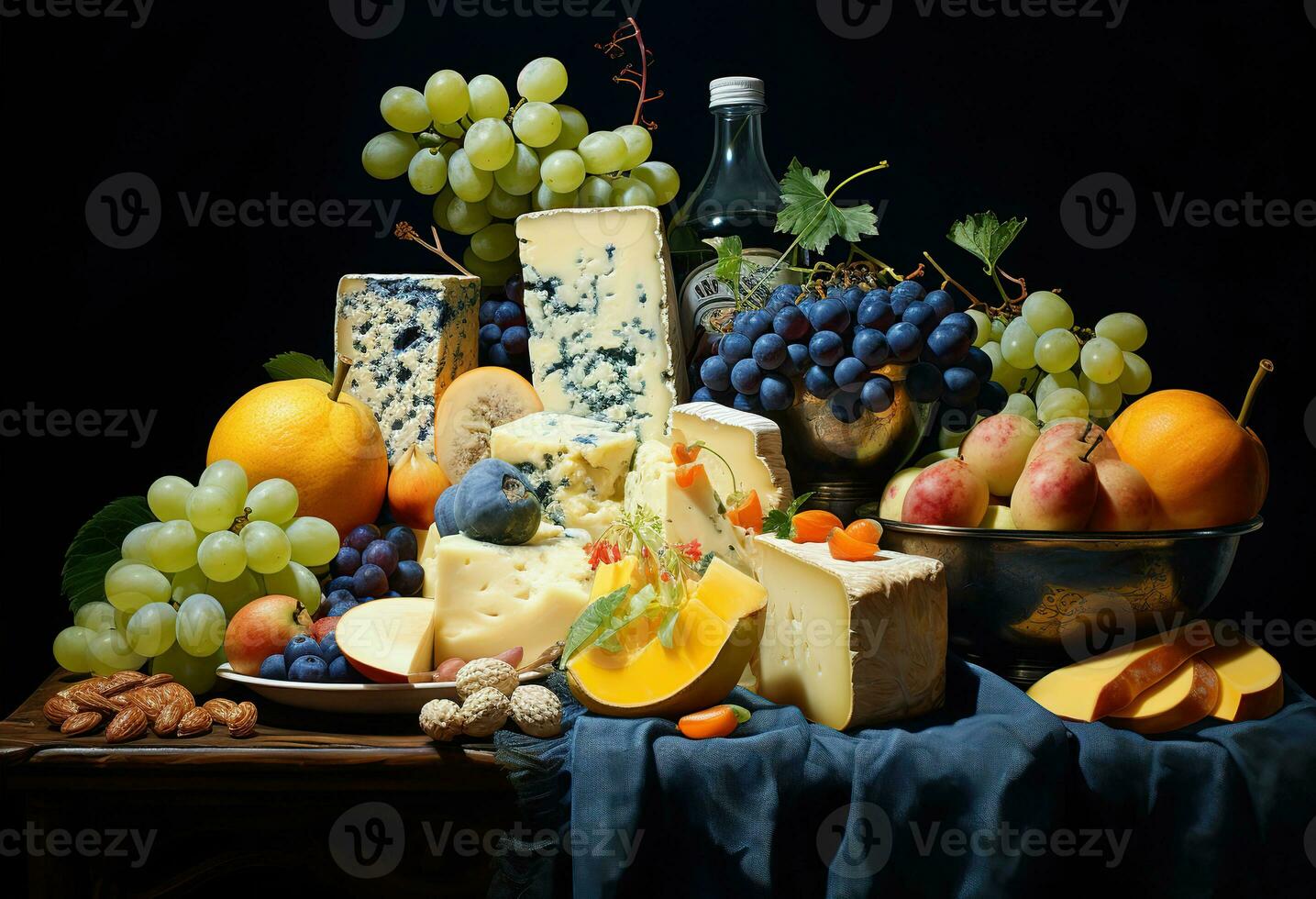 Various types of cheese on rustic wooden table. Created with Generative AI photo