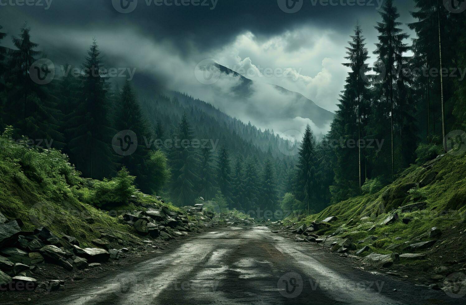 Landscape with empty road through woods. Travel. Created with Generative AI photo