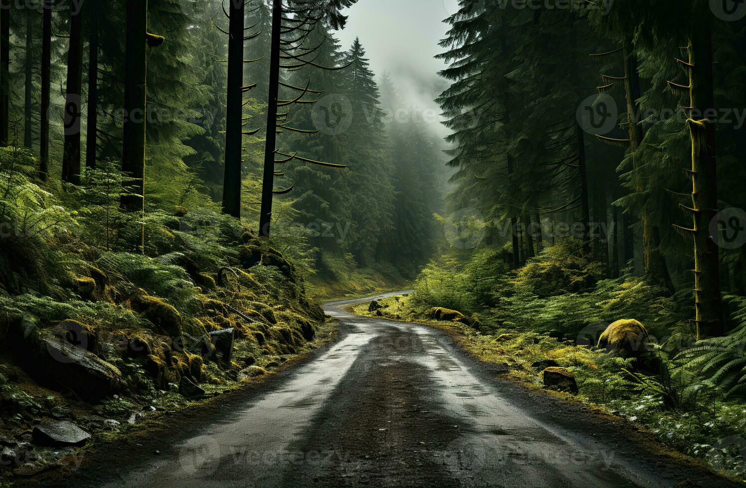 Landscape with empty road through woods. Travel. Created with Generative AI photo