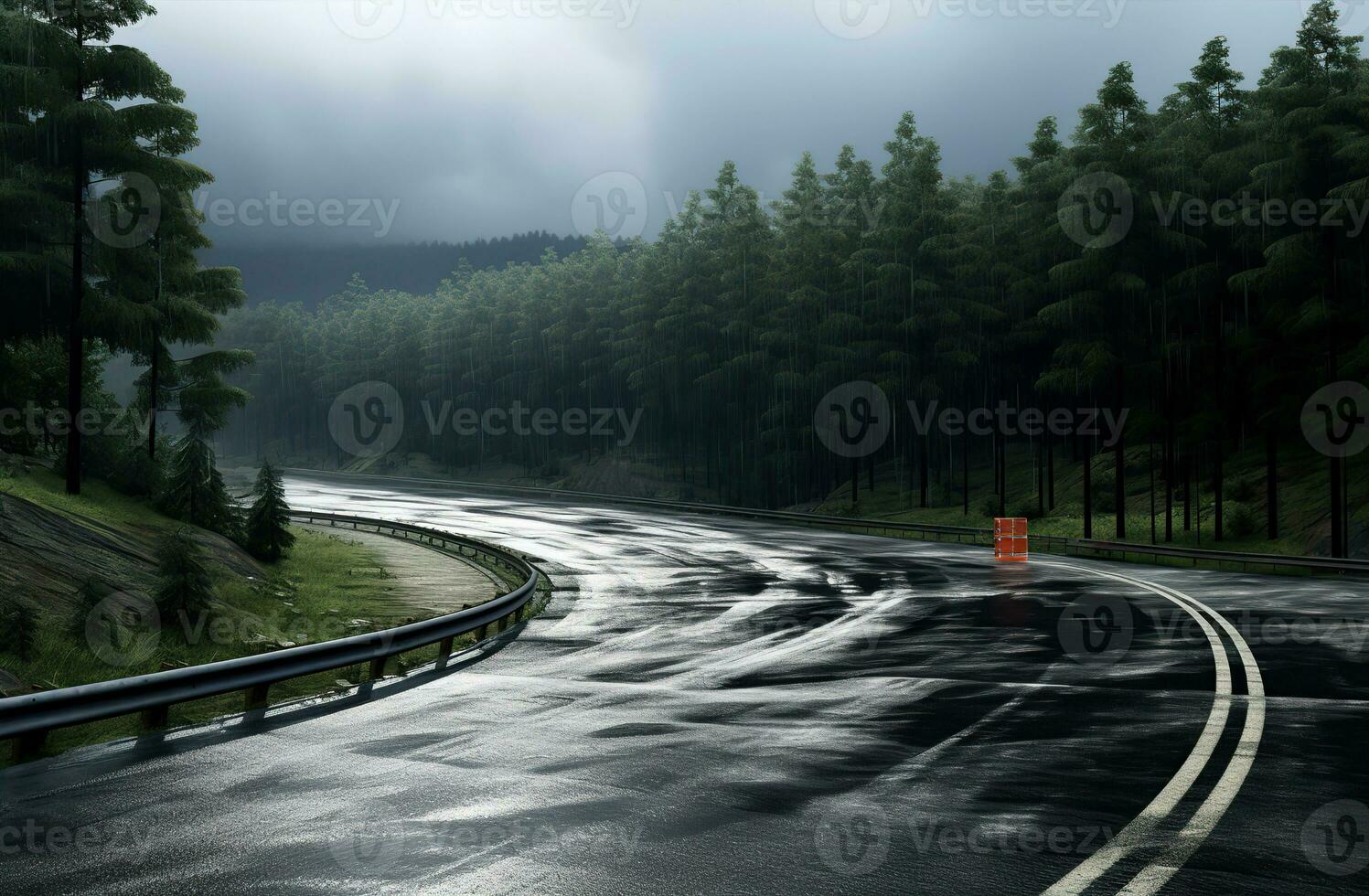 Landscape with empty road through woods. Travel. Created with Generative AI photo