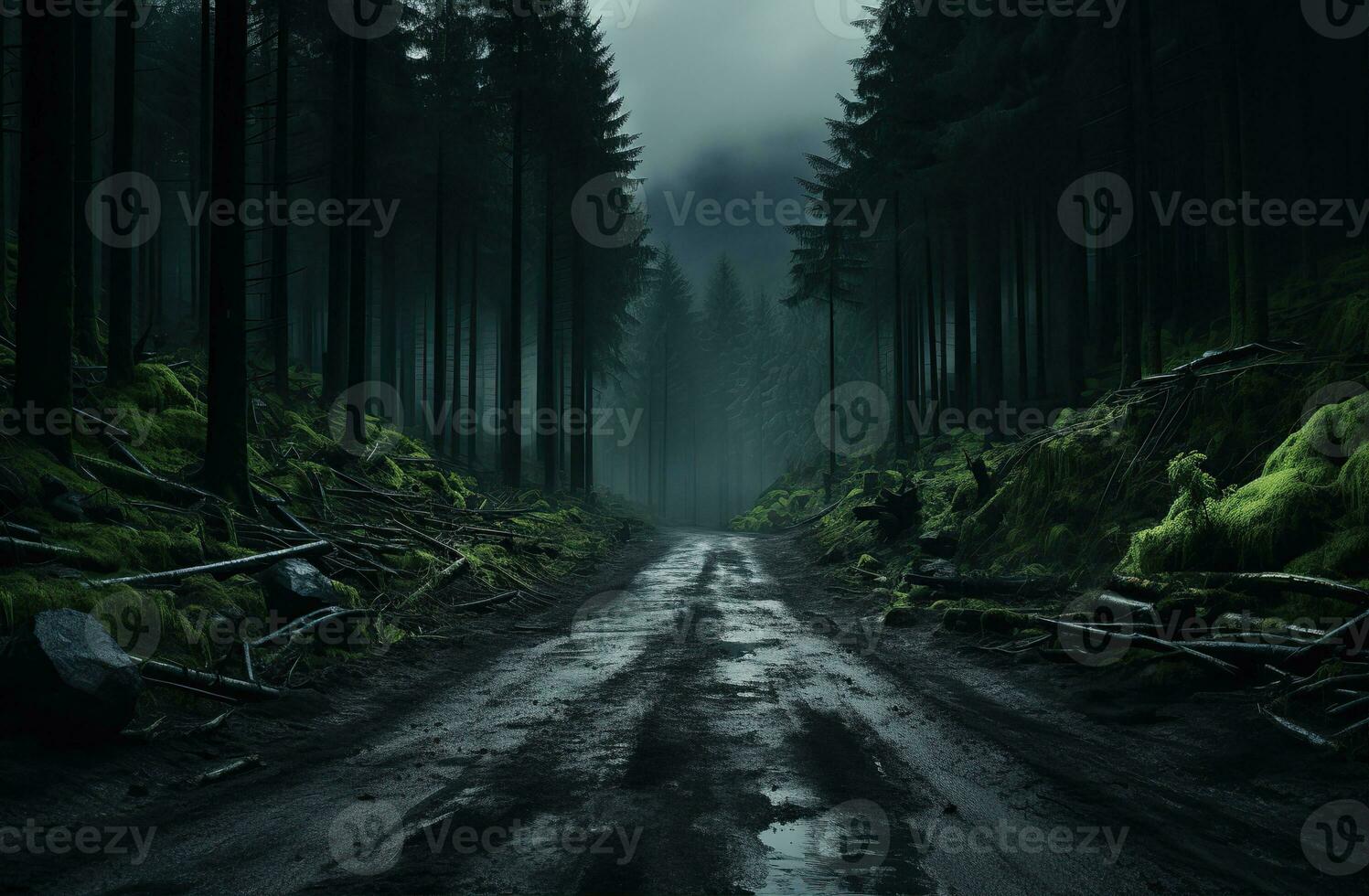 Landscape with empty road through woods. Travel. Created with Generative AI photo