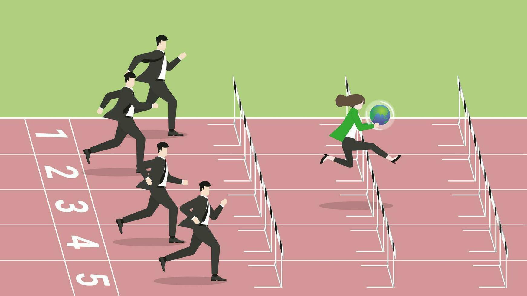 A leader businesswoman holds earth and competitors run and jump over obstacles on a racetrack. vector
