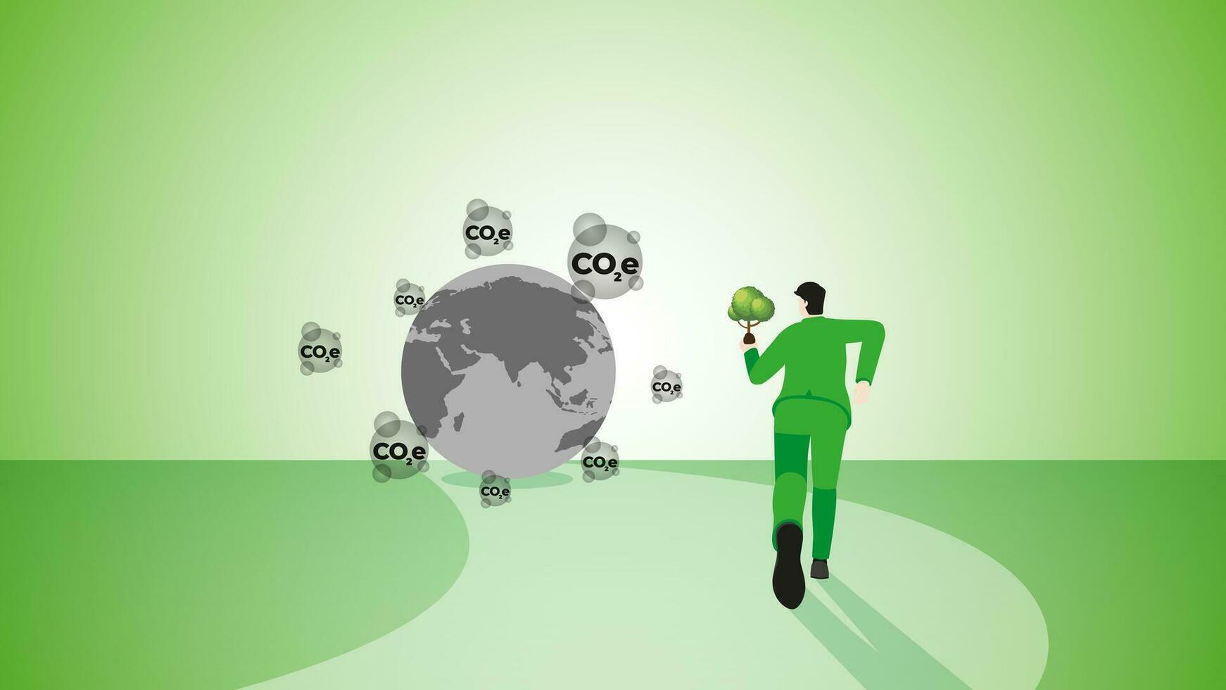 The back view of a businessman runs with a tree to the destroyed gray earth by carbon emission. vector