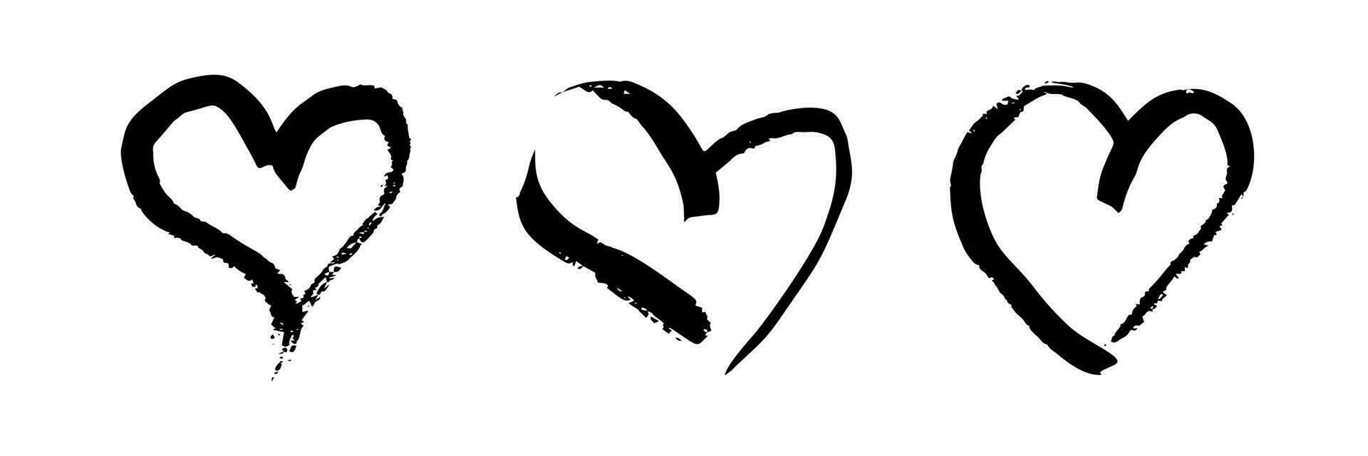 Hand drawn brush hearts. Set of three grunge black doodle hearts on white background. Romantic love symbol. Vector illustration.