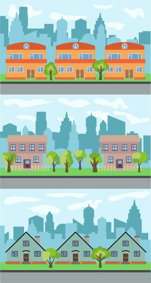 Set of three vector illustrations of city street with cartoon houses and trees. Summer urban landscape. Street view with cityscape on a background