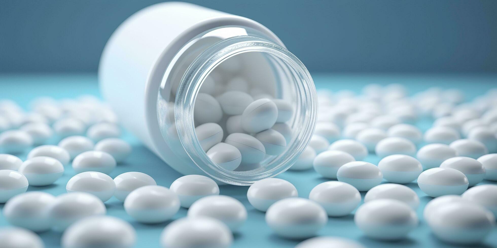 White pills from plastic medicine bottles on blue background with copy space. Medicine and health concept. 3d rendering. AI Generative photo