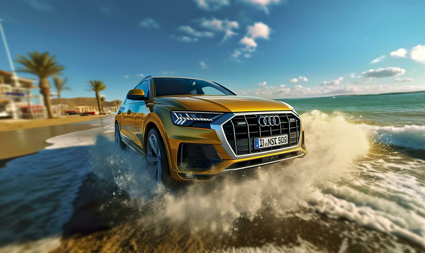 Compact SUV car and modern design on concrete road at the sea of beautiful sunset background , Front view of luxury new SUV car, AI Generative photo