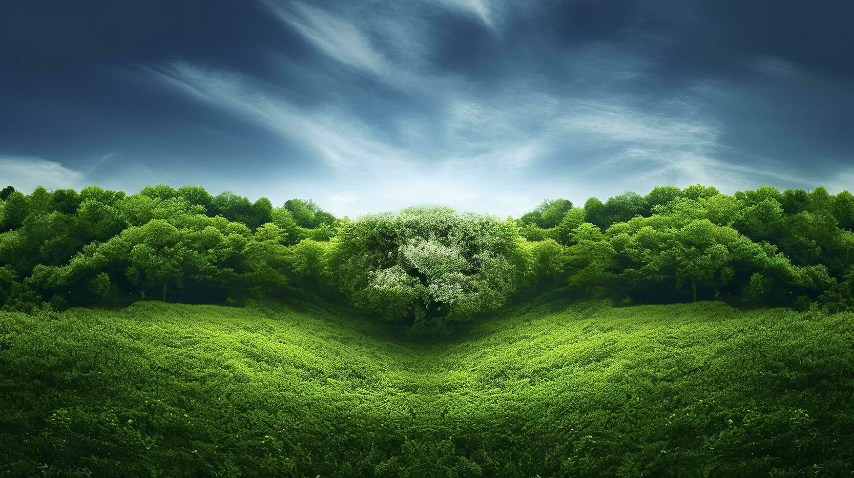 Green nature with white clouds and sky.  AI Generative photo