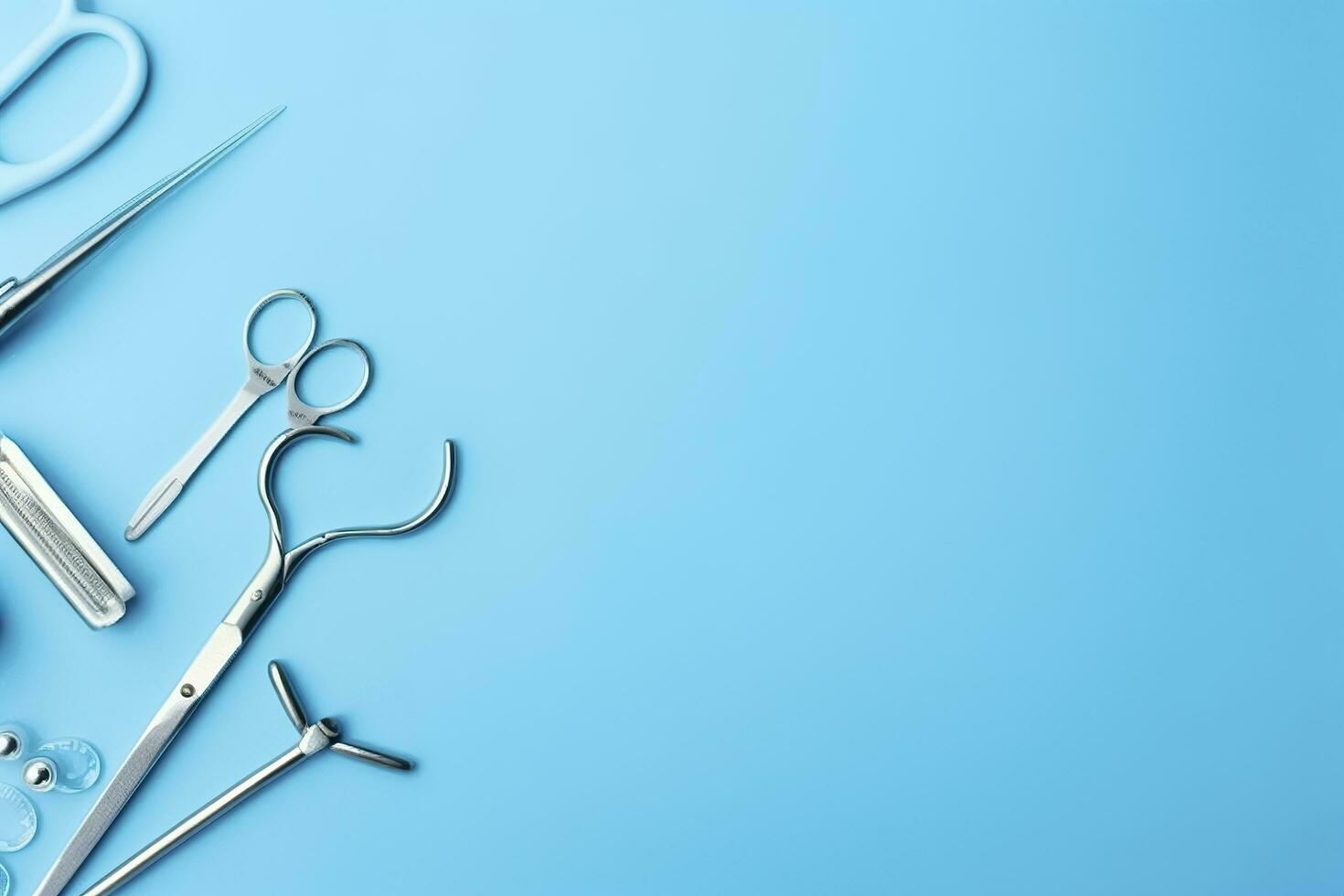top view on various medical equipment, light blue background, copy space, AI Generative photo