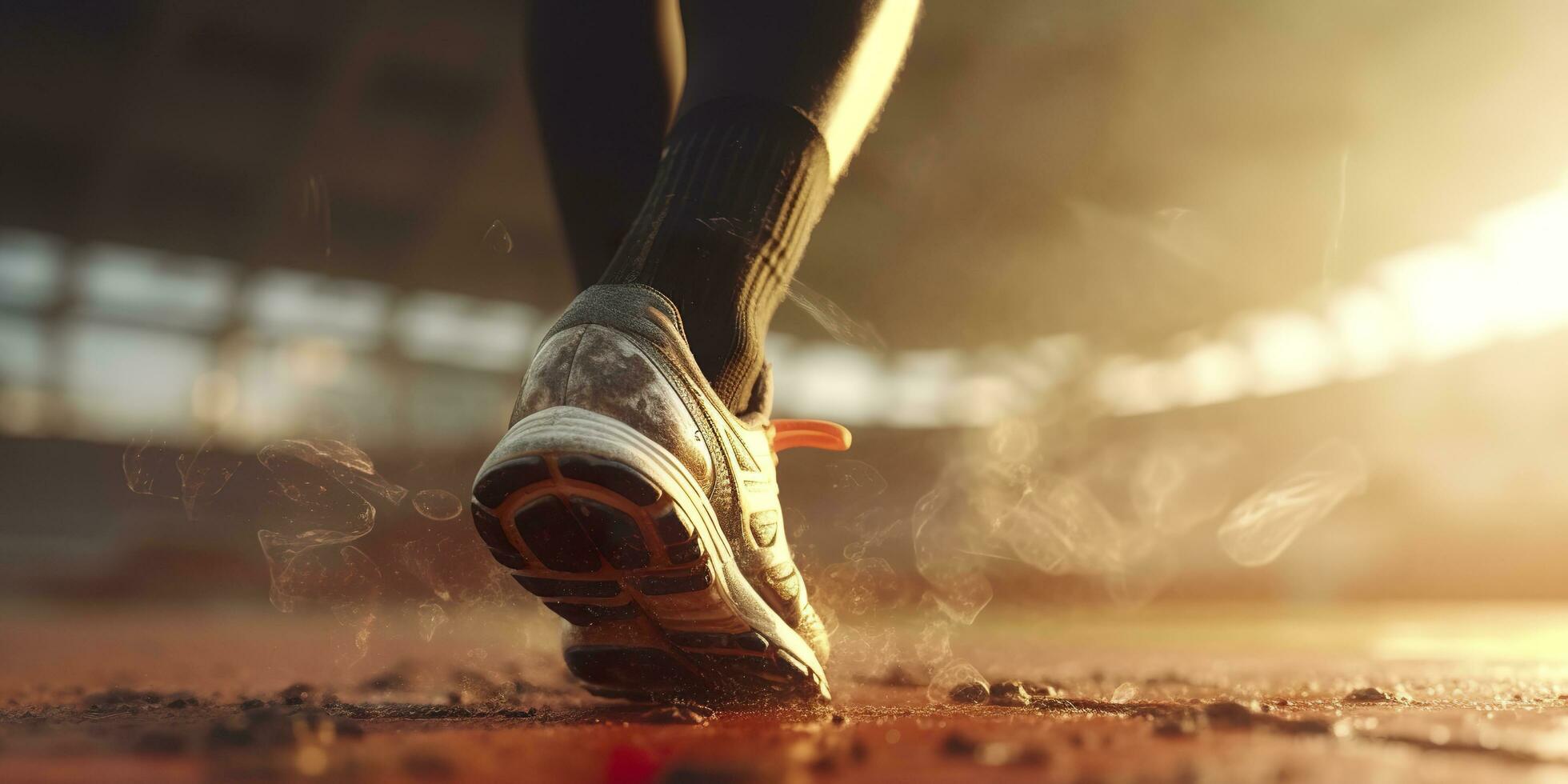 Runner feet running on a stadium, closeup on feet, sports background, space for copy, AI Generative photo