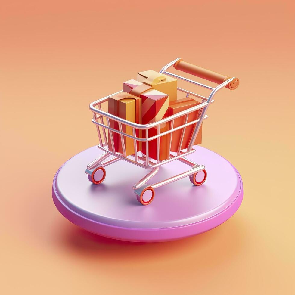 Light Orange and Pink Shopping Cart with Gift Box Icon. AI Generative photo