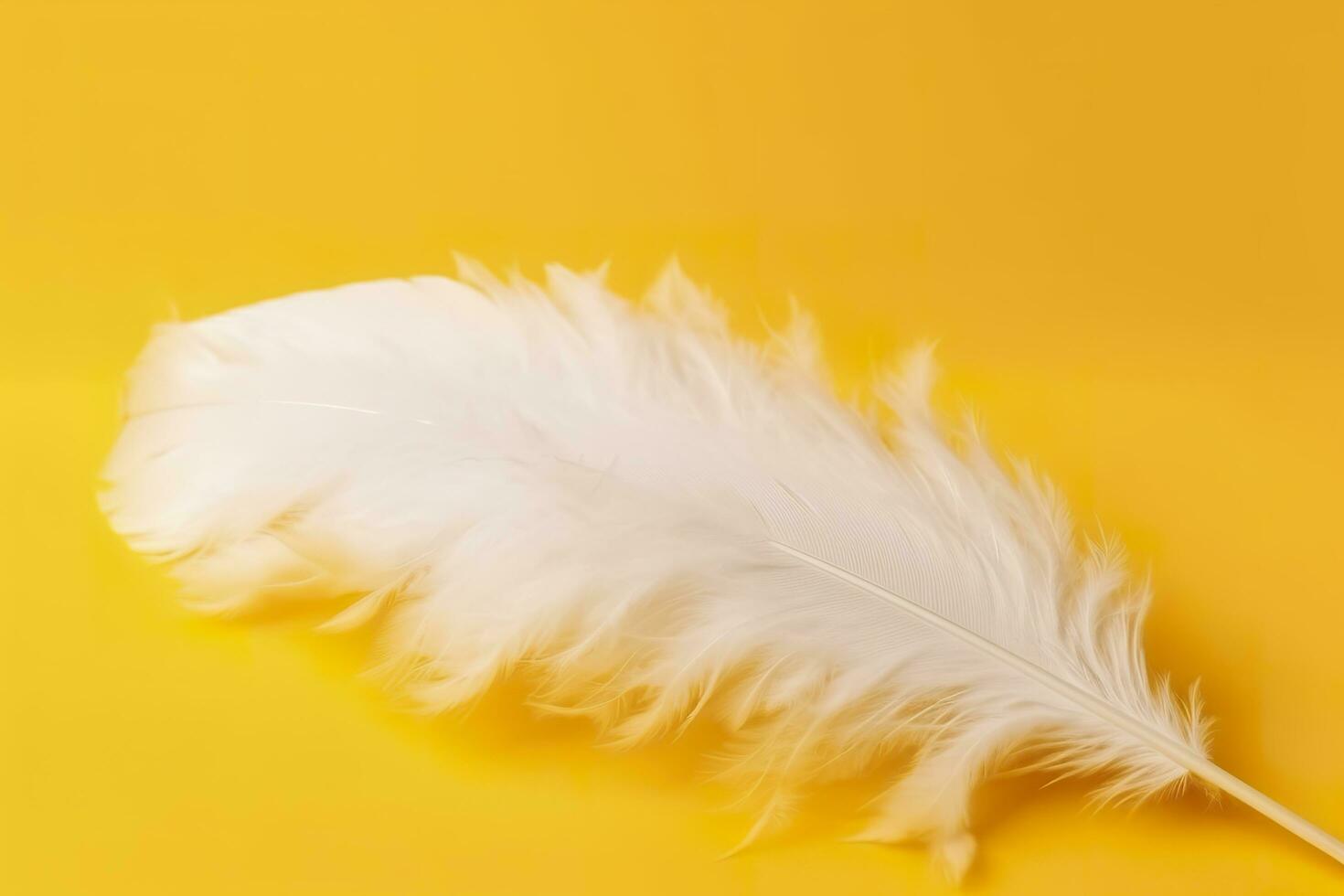 Close up of bright white feather. Copy space, yellow background. Fashion and Party concept. AI Generative photo