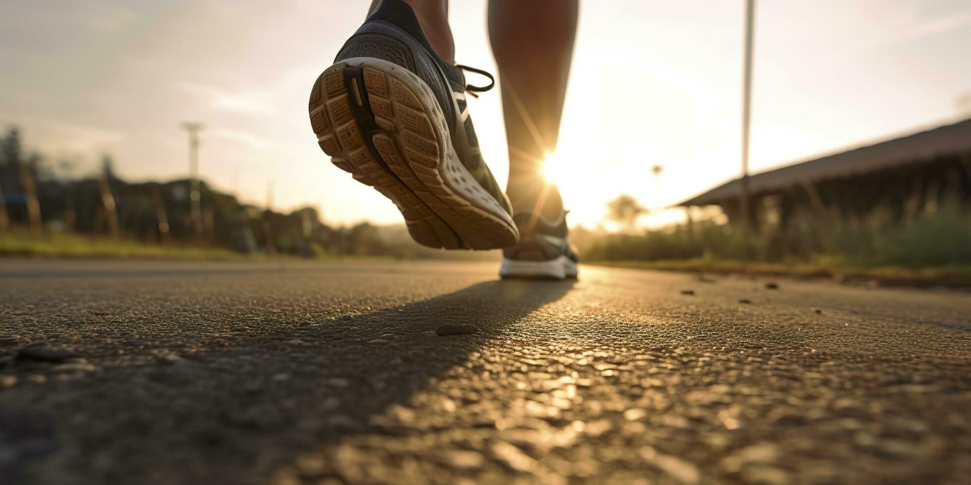 Close up on the shoe, Runner athlete feet running on the road under sunlight in the morning. AI Generative photo