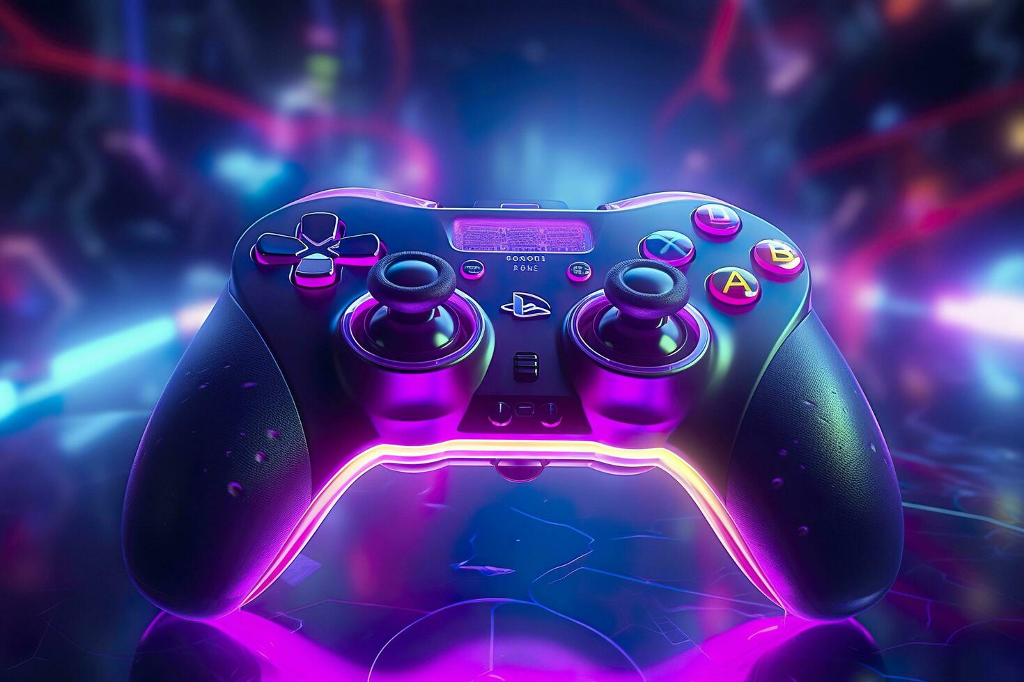 Video game controller with bright neon light streaks. Computer gamer background, 3D octane render. Game concept ideas.  AI Generative photo